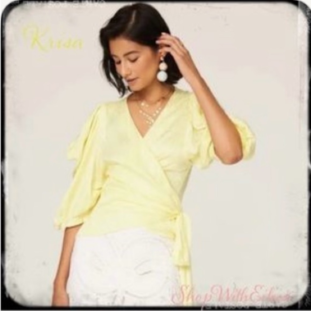 krisa Revolve Butter Yellow Puff Sleeve Wrap Top